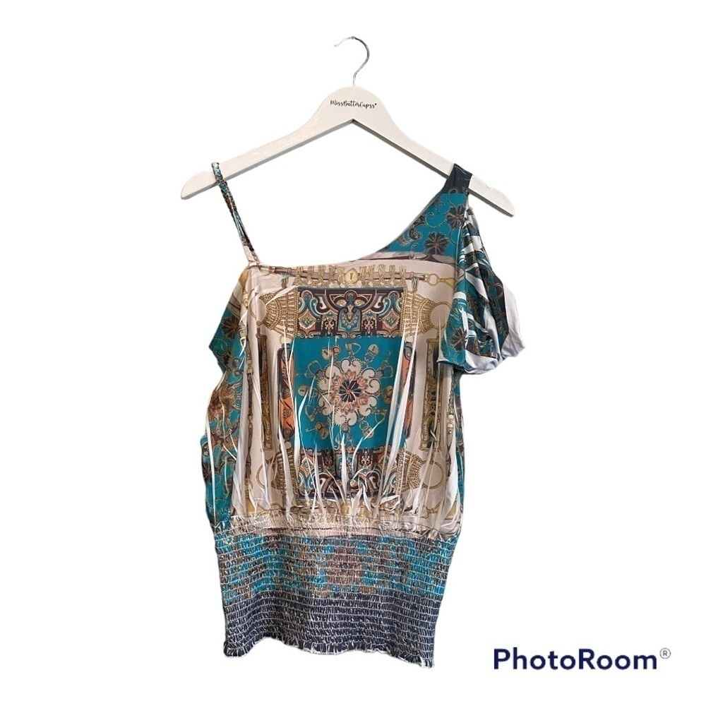 NWT Y2K One Shoulder Strap Blue & Gold Smocked Blouse
